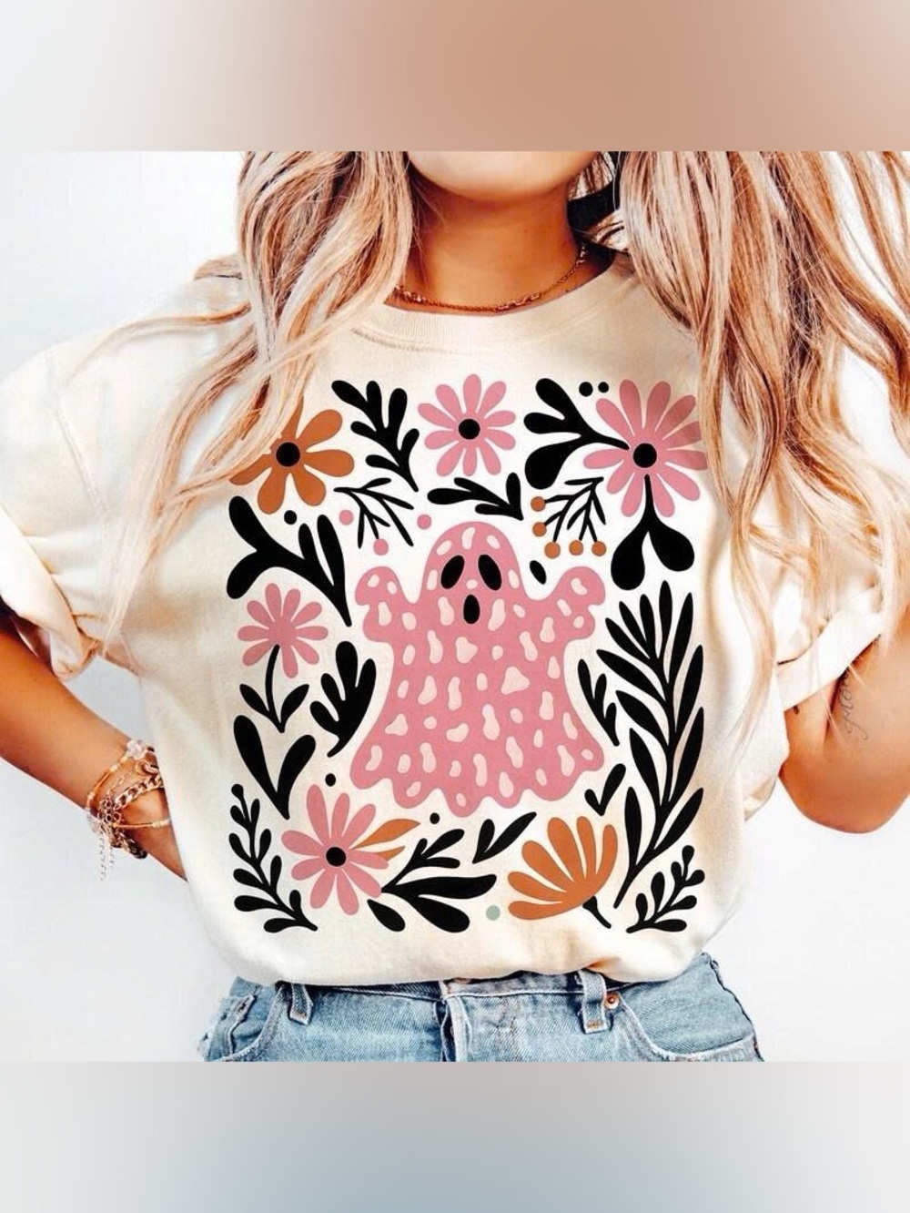 Cream Short-Sleeve Tee with Pink Ghost Floral Print